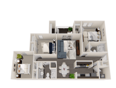 A 3D floor plan of a house with a kitchen, living room, and two bedrooms.