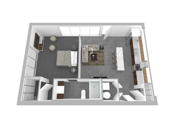 A 3D floor plan of a small apartment with a kitchen, living room, and bathroom.