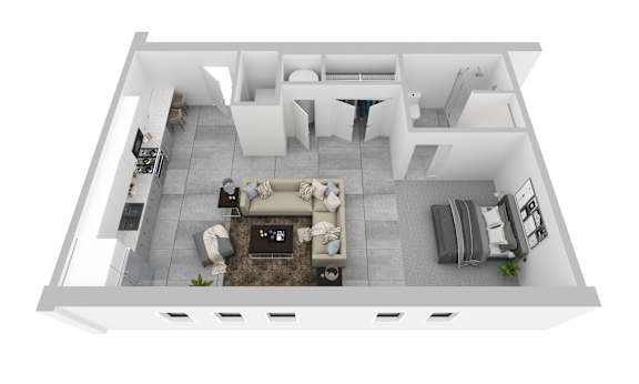 Floor Plan  A top-down view of a modern living room with a sofa set, coffee table, and kitchen area.
