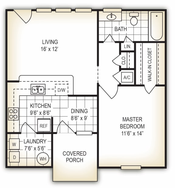 The Cottage 1 bedroom 1 bathroom floor plan at Dothan Farms Apartments, Dothan