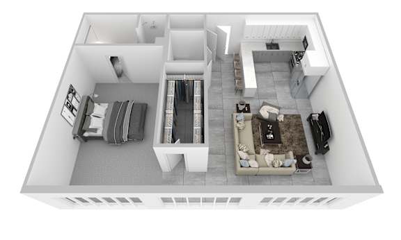 A top-down view of a modern apartment layout.