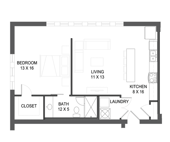 1 bedroom 1 bathroom Floor plan E at The Mobile Lofts, Mobile, AL