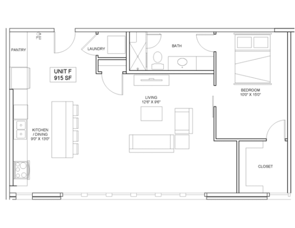 1 bedroom 1 bathroom Floor plan T at The Mobile Lofts, Alabama, 36604