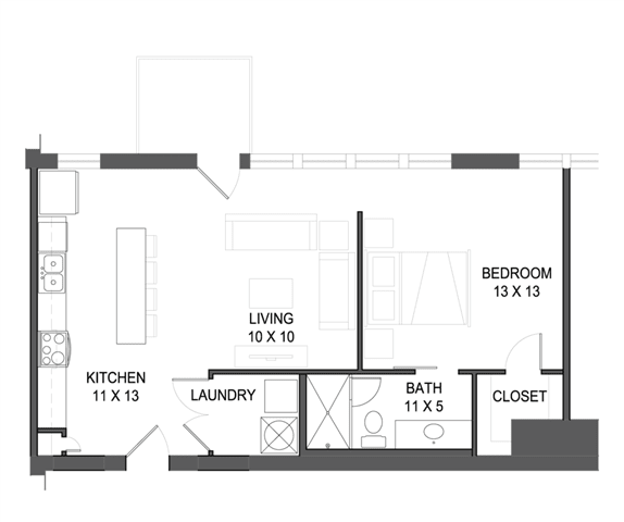 1 bedroom 1 bathroom Floor plan C at The Mobile Lofts, Mobile, AL, 36604