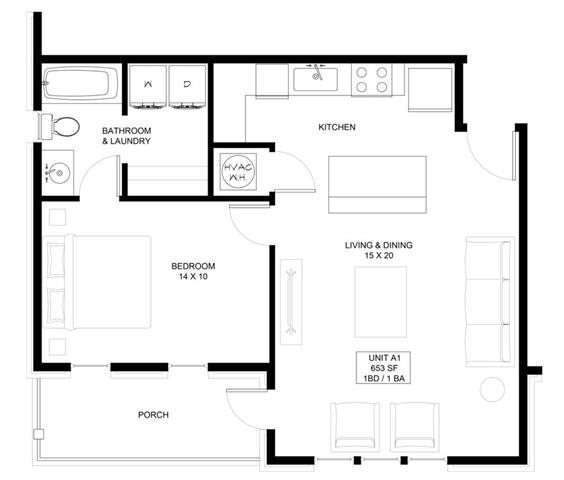 1 bedroom 1 bathroom Floor plan U at The Mobile Lofts, Mobile, AL, 36604