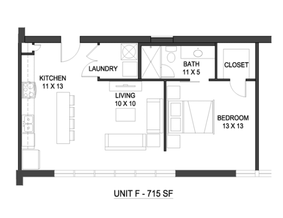 1 bedroom 1 bathroom Floor plan B at The Mobile Lofts, Mobile, 36604