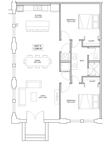 2 bedroom 1 bathroom Floor plan C at The Mobile Lofts, Mobile, 36604