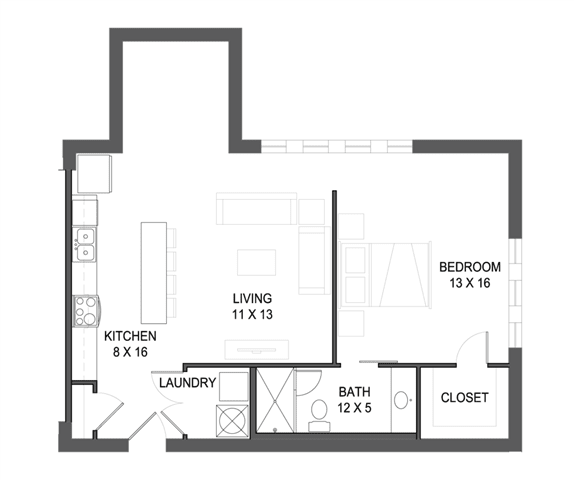 1 bedroom 1 bathroom Floor plan I at The Mobile Lofts, Mobile, AL, 36604