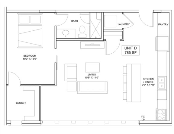 1 bedroom 1 bathroom Floor plan S at The Mobile Lofts, Mobile, AL