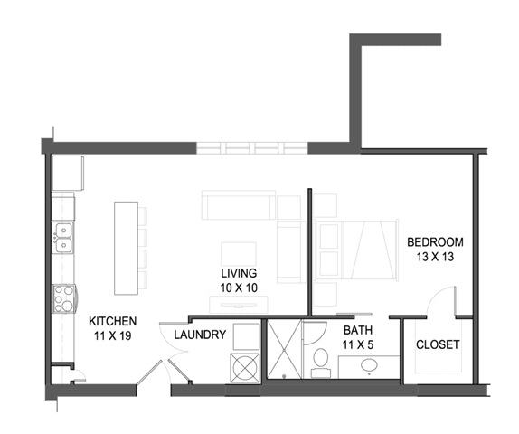 1 bedroom 1 bathroom Floor plan Dat The Mobile Lofts, Alabama, 36604