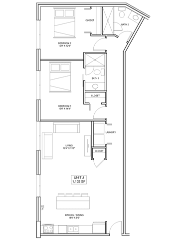2 bedroom 2 bathroom Floor plan E at The Mobile Lofts, Mobile