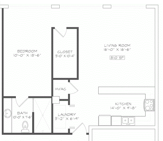 1 bedroom 1 bathroom Floor plan K at The Mobile Lofts, Mobile