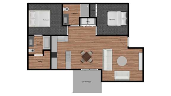 A floor plan of a house with a kitchen, living room, and two bedrooms.