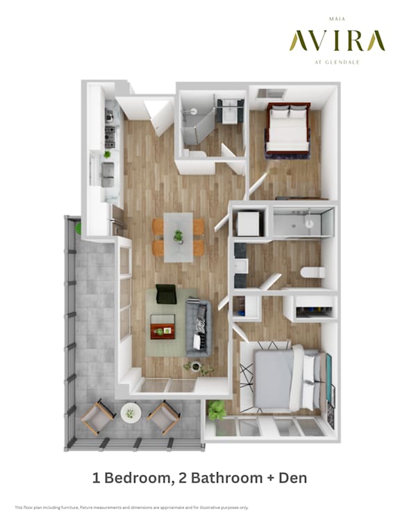 A floor plan of a one bedroom, two bathroom apartment.