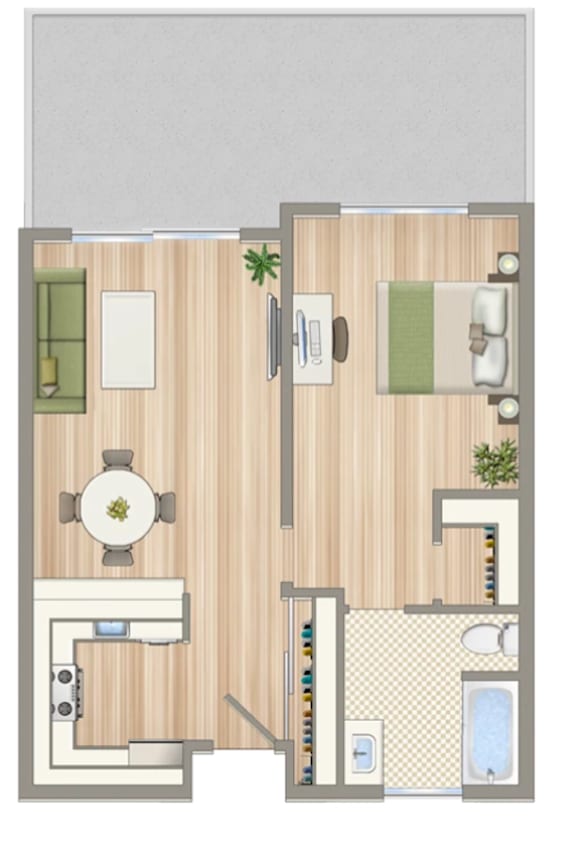 A floor plan of a small apartment with a kitchen, living room, and bathroom.