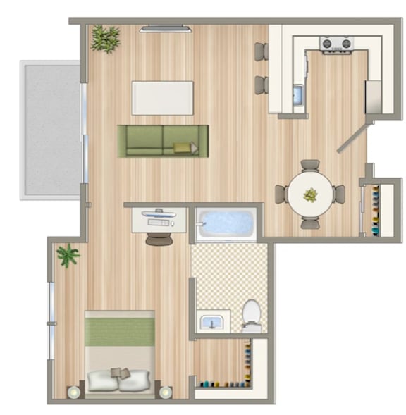A floor plan of a house with a kitchen, living room, and two bedrooms.