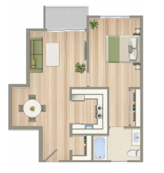 A floor plan of a house with a kitchen, living room, and bathroom.