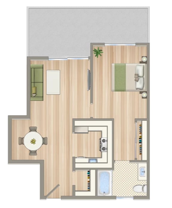 A floor plan of a house with a kitchen, living room, and bathroom.
