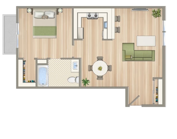 A floor plan of a house with a kitchen, living room, dining room, and bathroom.