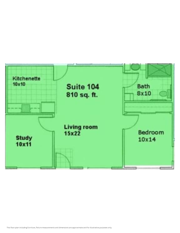 A floor plan of Suite 104, which is 810 square feet, includes a living room, study, kitchenette, and bath.