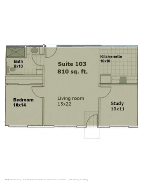 A floor plan of Suite 103 which is 810 sq. ft. and includes a bath, a kitchenette, a living room, a study and a bedroom.