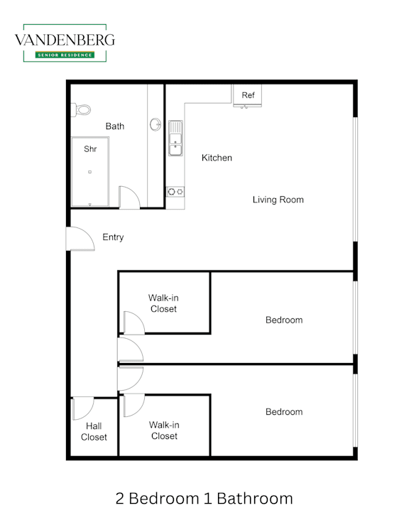 A floor plan of a Vandenberg home with two bedrooms and one bathroom.