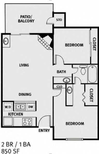 Oakwood Creek Apartments 2 bedroom 1 bathroom floor plan