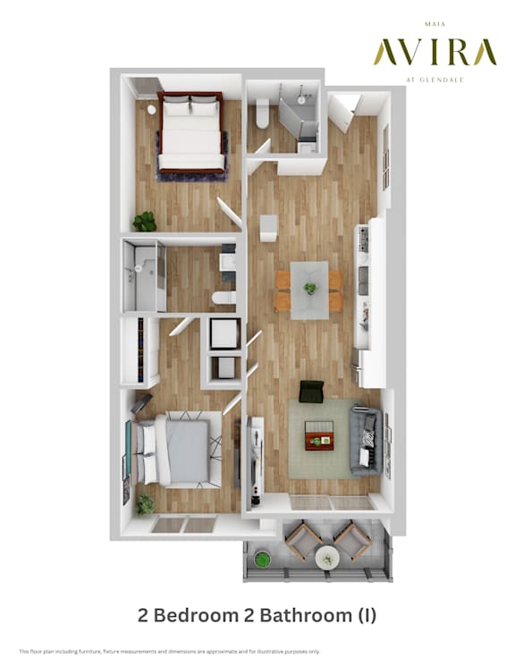 A floor plan of a 2 bedroom, 2 bathroom apartment at Glendale.