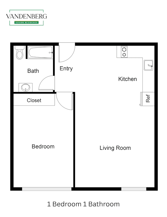 A floor plan of a one bedroom, one bathroom apartment.