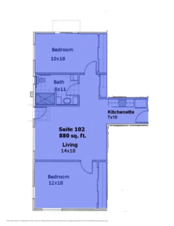 A blueprint of a house layout with a kitchenette and two bedrooms.
