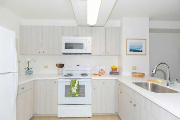 Kanekapolei Collection Kitchen area with appliances, cabinet, and counters