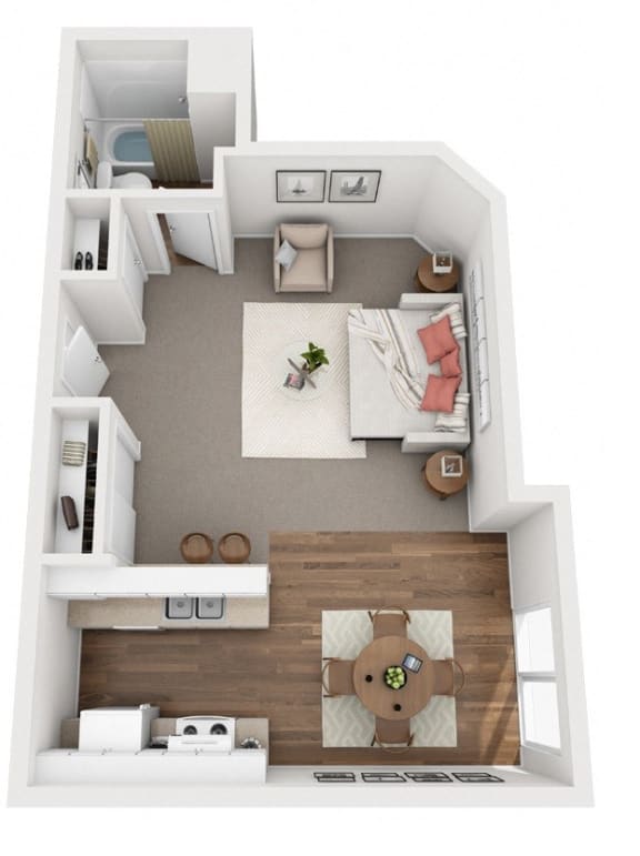 a 3d drawing of a bedroom with a living room
