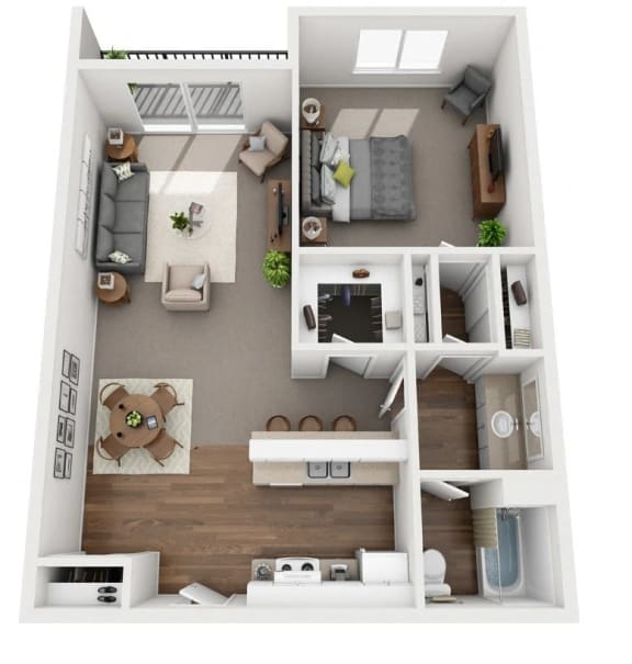 a stylized floor plan with a bedroom and a living room