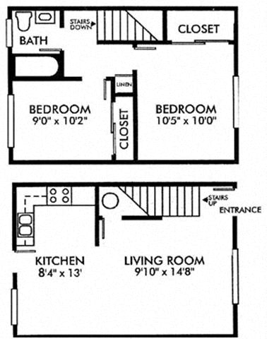 The Village Townhomes 2bed 1bath 837 sqft Floorplan