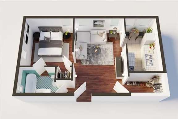 Delta one bedroom one bathroom 600 square feet 3D floor plan