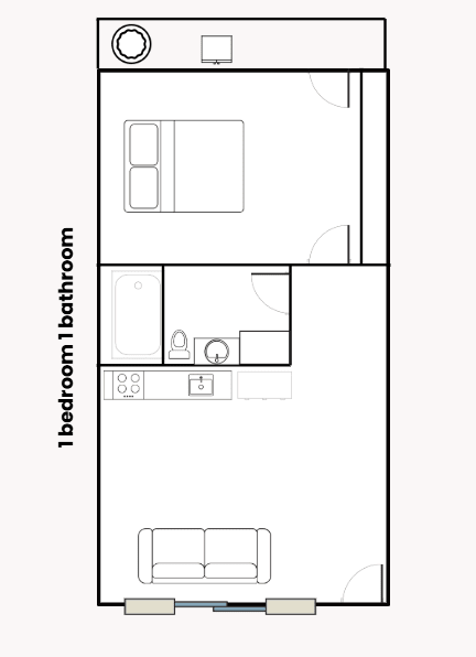 A floor plan of a one bedroom apartment with a bathroom.