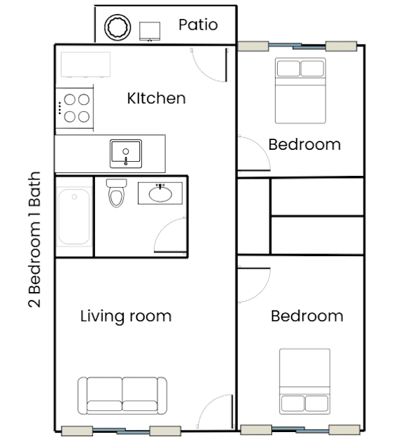 A floor plan of a small apartment with a living room, two bedrooms, a kitchen, and a bathroom.