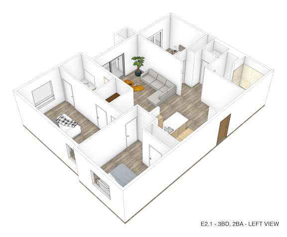 Eddy Redondo three bedroom two bathroom left view floorplan