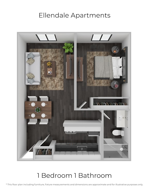 Floor Plan  A floor plan of a 1 bedroom 1 bathroom apartment.