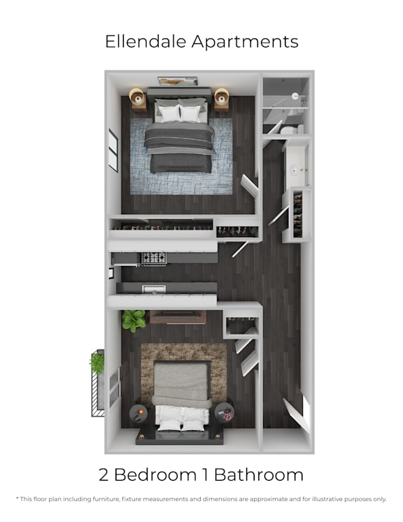 A floor plan of a 2 bedroom 1 bathroom apartment.