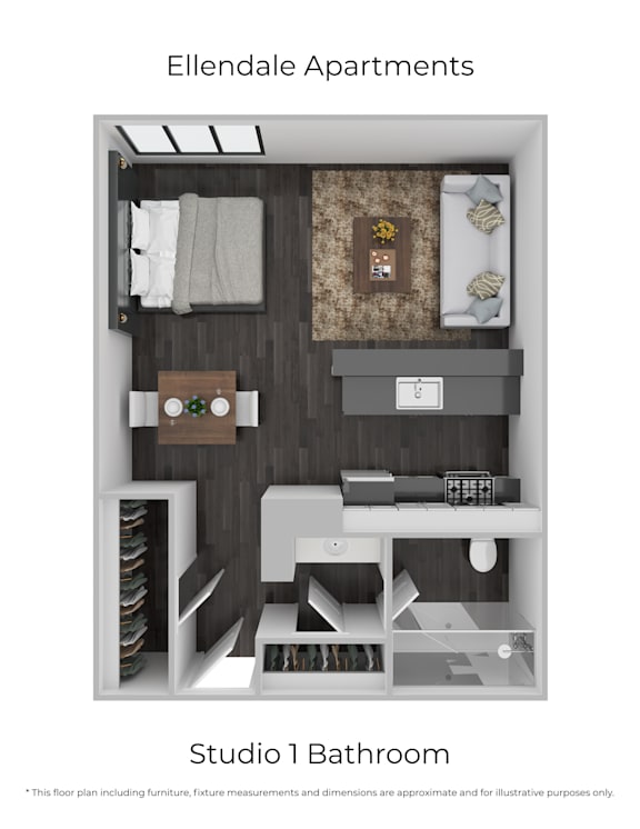Floor Plan  A floor plan of a bathroom in Ellendale Apartments.