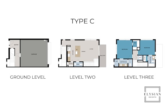 Three floor plan drawings for a Type C apartment.