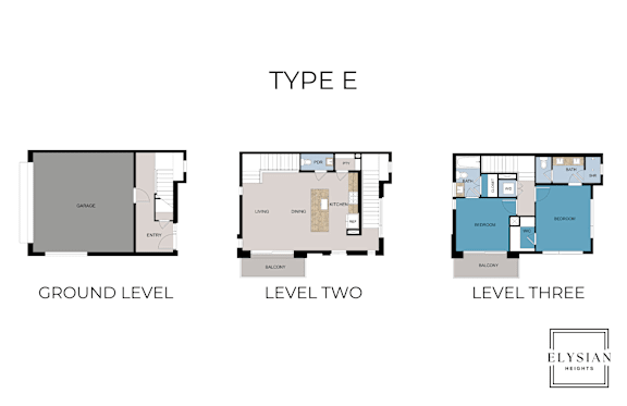 Three images showing the ground level, level two and level three of a property.