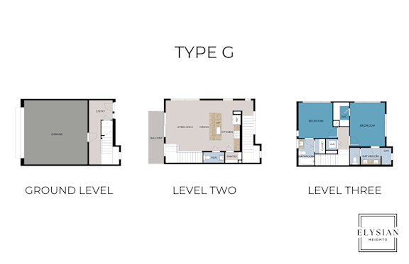Three images showing the layout of the ground level, level two and level three of a Type G property.