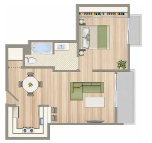 A floor plan of a house with a kitchen, living room, and two bedrooms.