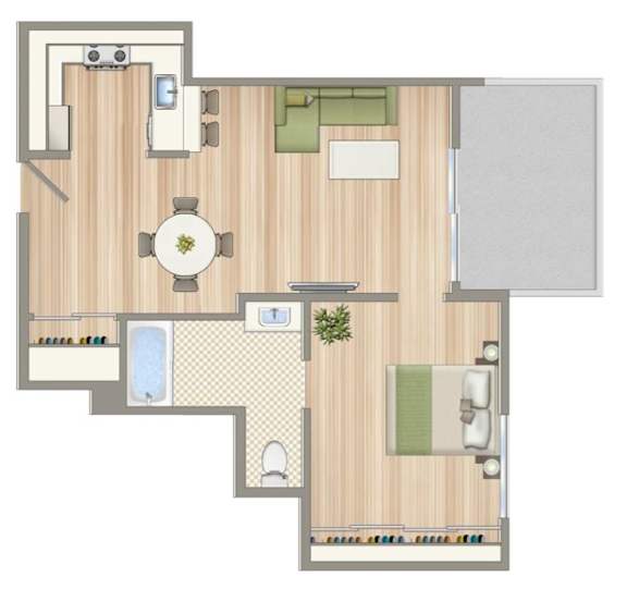 A floor plan of a house with a dining area, living room, kitchen, and bathroom.