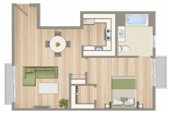 A floor plan of a house with a kitchen, living room, and two bedrooms.