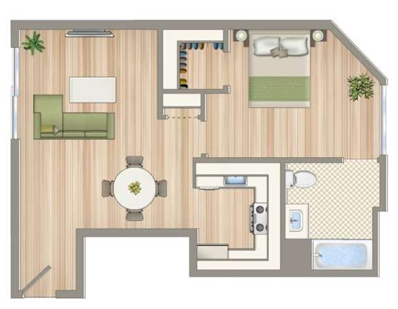A floor plan of a house with a living room, dining room, kitchen, and bathroom.