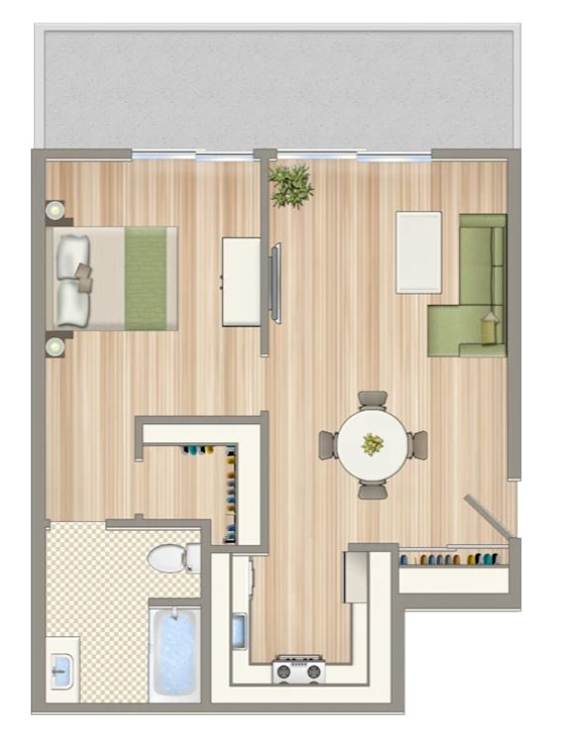 A floor plan of a small apartment with a kitchen, living room, and bathroom.