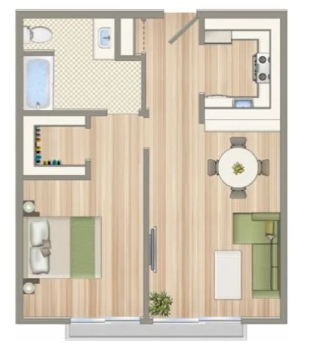 A floor plan of a small apartment with a kitchen, living room, and bathroom.